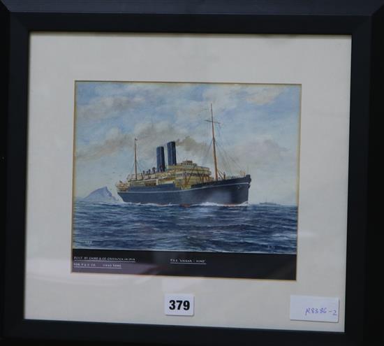 J.B.S., watercolour, The P&O liner Kaisar I Hind (II), initialled and inscribed, further information verso 20 x 24cm